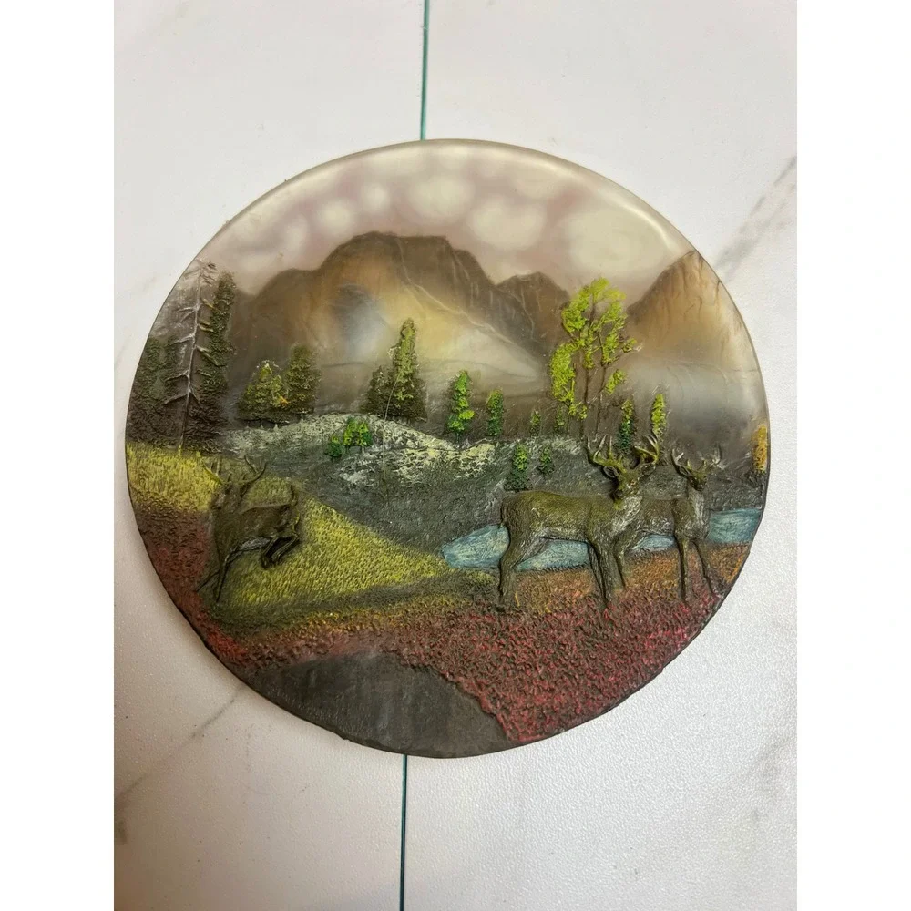 Vintage 3D Relief Deer Mountain Landscape Decorative Plate‎ Rustic Cabin Decor